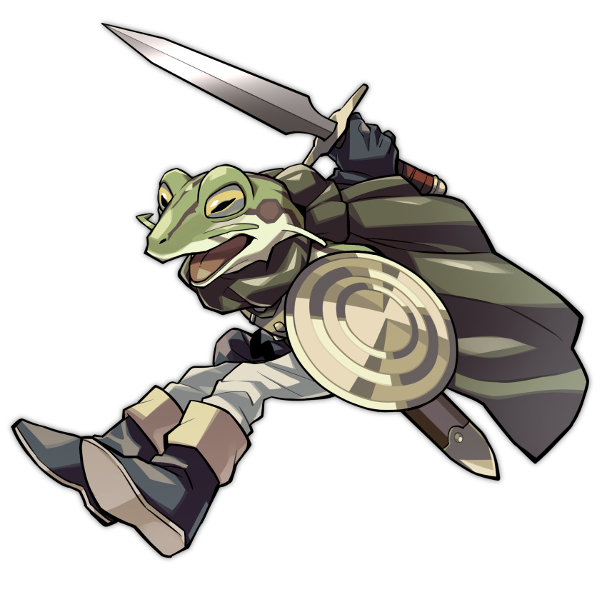 1boy boots cape chrono_trigger de frog gloves highres jumping kaeru_(chrono_trigger) no_humans open_mouth pants sheath shield sword weapon white_background yellow_sclera