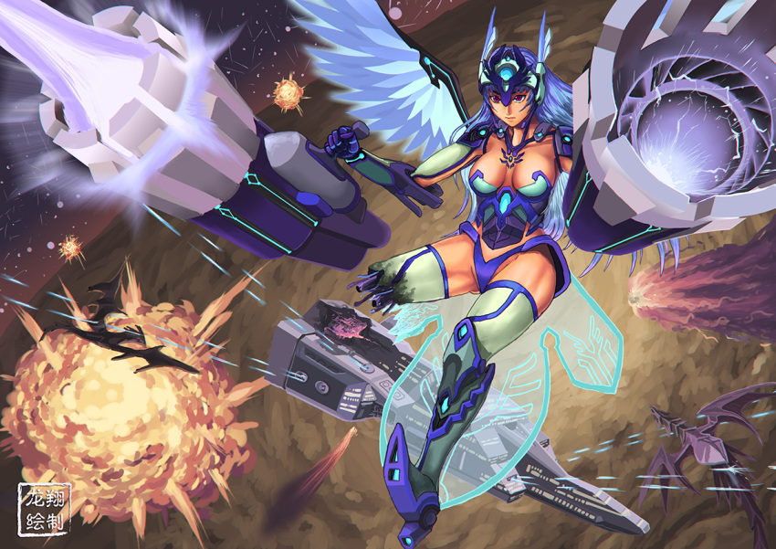 1girl aerial_battle alternate_costume amputee android angel_wings battle blue_hair breasts broken commentary damaged dogfight dual_wielding energy_cannon explosion forehead_protector headgear huge_weapon kos-mos long_hair red_eyes ryu_shou science_fiction solo_focus space space_craft thighhighs valkyrie weapon wings xenosaga