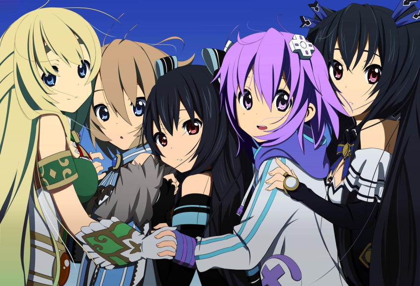 5girls bare_shoulders black_gloves black_hair blanc blonde_hair blue_eyes bridal_gauntlets brown_hair choujigen_game_neptune d-pad fingerless_gloves girl_sandwich gloves hair_ornament hair_ribbon highres holding_hands hooded_track_jacket interlocked_fingers k-on! lineup long_hair looking_at_viewer multiple_girls neptune_(choujigen_game_neptune) noire open_mouth parody parted_lips purple_hair red_eyes ribbon sandwiched short_hair siblings sisters sleeves_past_wrists smile style_parody uni_(choujigen_game_neptune) vert violet_eyes white_gloves