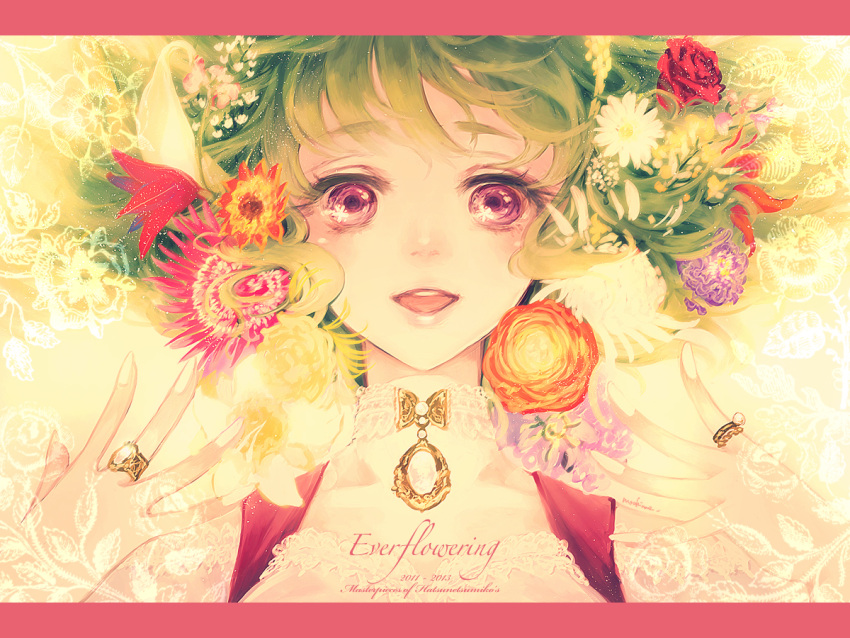 1girl :d brooch choker close_up daisy eyelashes fingernails flower green_hair jewelry kazami_yuuka lace lips mochinu open_mouth portrait red_rose ring rose short_hair smile solo touhou violet_eyes