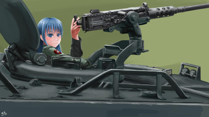 1girl absurdres armored_personnel_carrier armored_vehicle asanaru_noshouchou blue_eyes blue_hair browning_m2 dated highres looking_at_viewer m113 military signature smile solo uniform vehicle