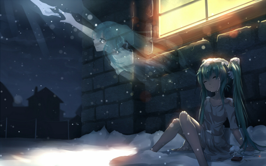 1girl aqua_hair bai_yemeng barefoot closed_eyes collarbone corpse crying dress dying ghost hair_ribbon hatsune_miku little_match_girl long_hair matches night poverty reaching_out ribbon sitting snow snow_on_head snowing solo tears torn_clothes torn_dress torn_sleeves town twintails very_long_hair vocaloid white_dress window winter