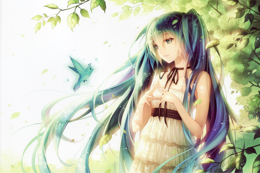 1girl absurdres alternate_costume bare_shoulders bird blue_hair dress fingers_together green_eyes hatsune_miku highres long_hair nature neck_ribbon parted_lips ribbon scan smile solo strapless_dress tidsean twintails vocaloid white_background white_dress