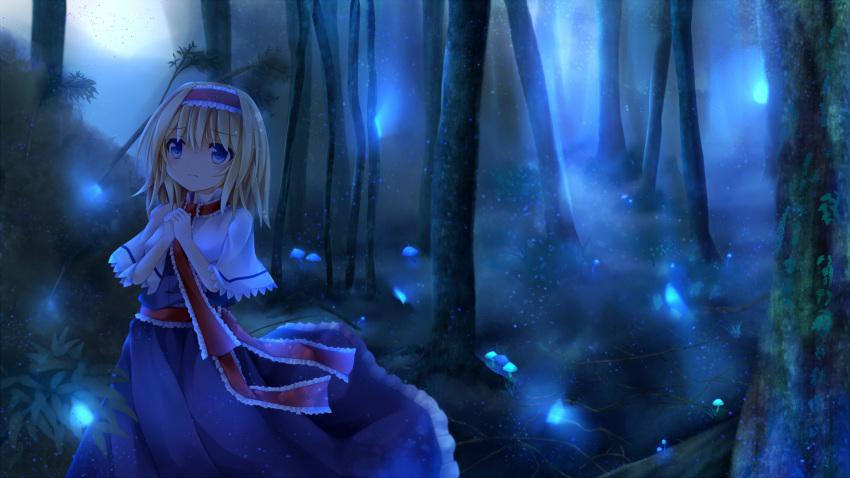 1girl alice_margatroid blonde_hair blue_eyes capelet dress fireflies forest frown furomaaju_(fromage) glowing hairband hands_together highres interlocked_fingers lolita_hairband looking_away mushroom nature night outdoors ribbon sash short_hair solo touhou