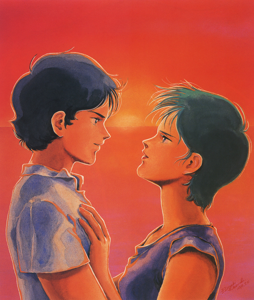 1boy 1girl dated four_murasame gundam highres kamille_bidan kitazume_hiroyuki official_art profile short_hair simple_background sunset traditional_media zeta_gundam