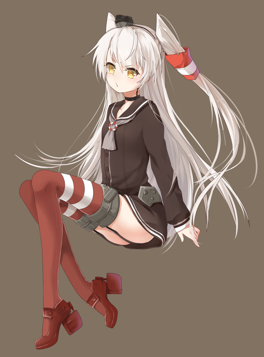 1girl amatsukaze_(kantai_collection) boots choker highres kantai_collection long_hair personification silver_hair simple_background solo striped striped_legwear thighhighs transistor twintails very_long_hair yellow_eyes