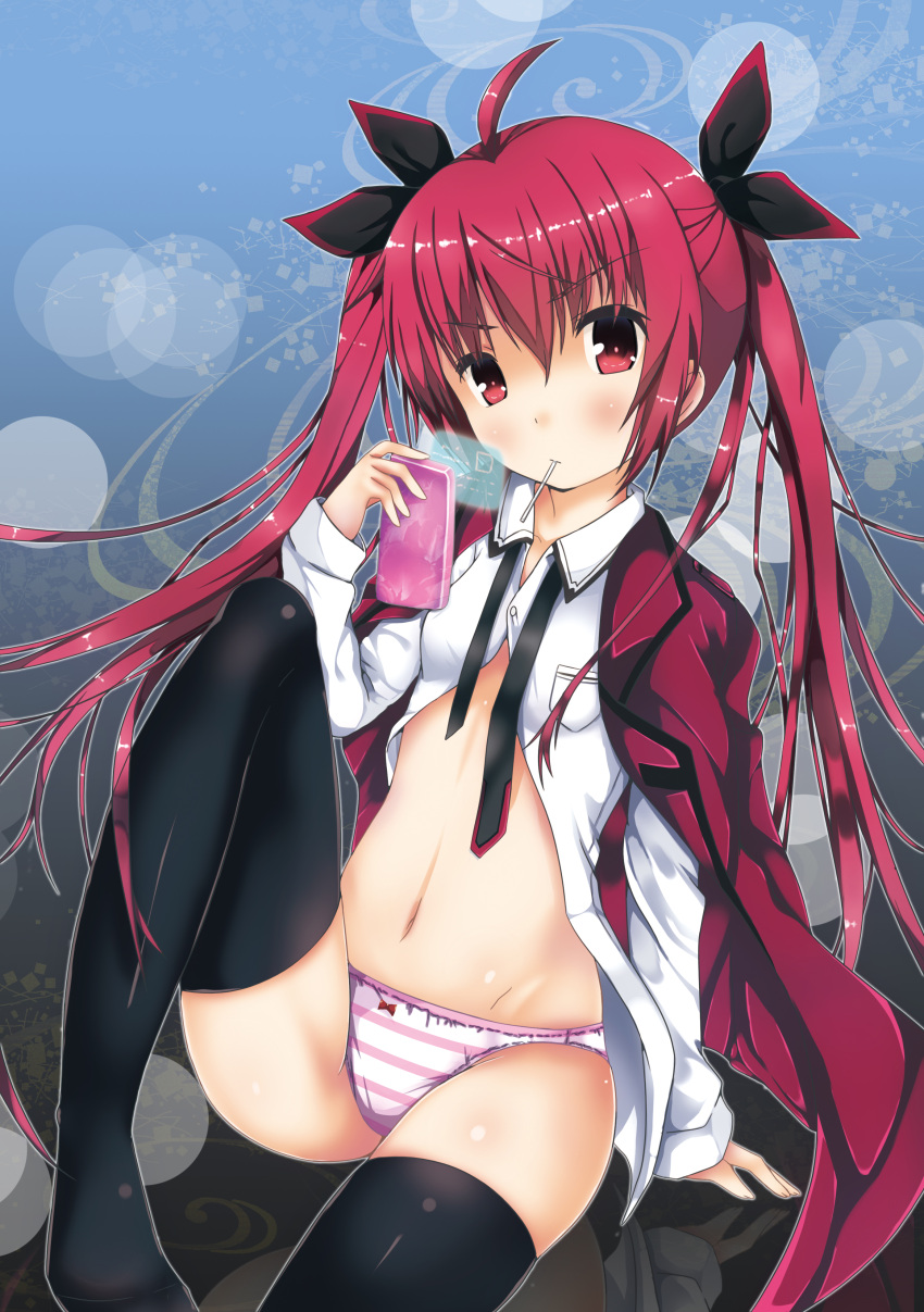 1girl absurdres ahoge black_legwear bow bow_panties candy cellphone date_a_live erimu highres holographic_interface itsuka_kotori lollipop long_hair long_sleeves looking_at_viewer necktie panties partially_undressed phone red_eyes redhead smartphone solo striped striped_panties thighhighs twintails underwear very_long_hair