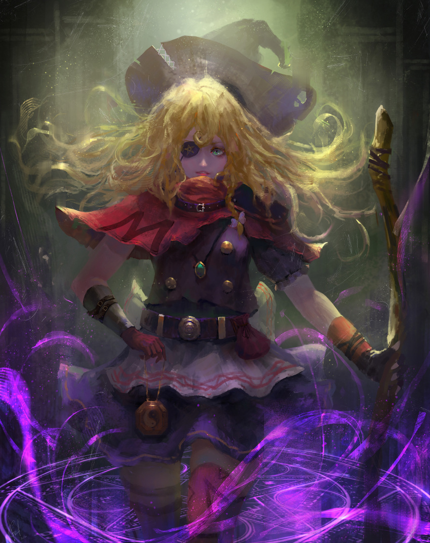 1girl absurdres adapted_costume apron belt blonde_hair capelet eyepatch gauntlets gracehoo green_eyes hat highres kirisame_marisa long_hair looking_at_viewer magic_circle red_eyes shirt skirt solo staff thigh_strap touhou waist_apron witch_hat yin_yang