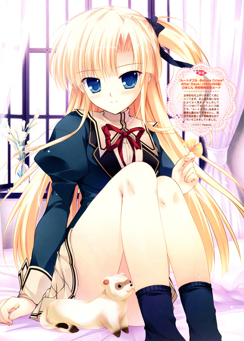1girl absurdres blonde_hair blue_eyes censored convenient_censoring ferret highres long_sleeves mikeou root_double_-before_crime_after_days- sannomiya_louise_yui scan school_uniform side_ponytail sitting socks vase window