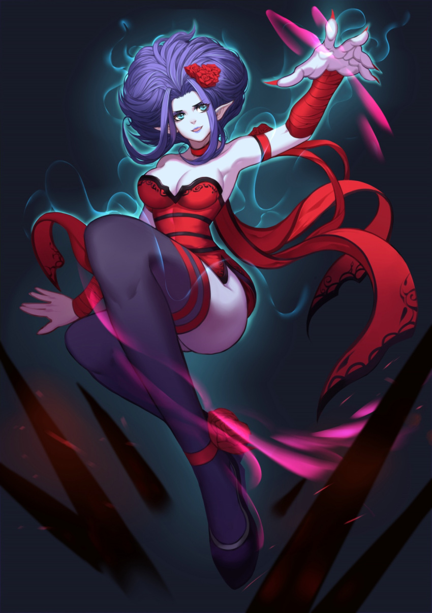 1girl alternate_costume alternate_hair_color black_legwear blue_eyes blue_hair blue_lips breasts cleavage dress evelynn fingernails flower highres league_of_legends liuruoyu8888 open_mouth pointy_ears red_dress red_nails rose sharp_fingernails smile solo thighhighs