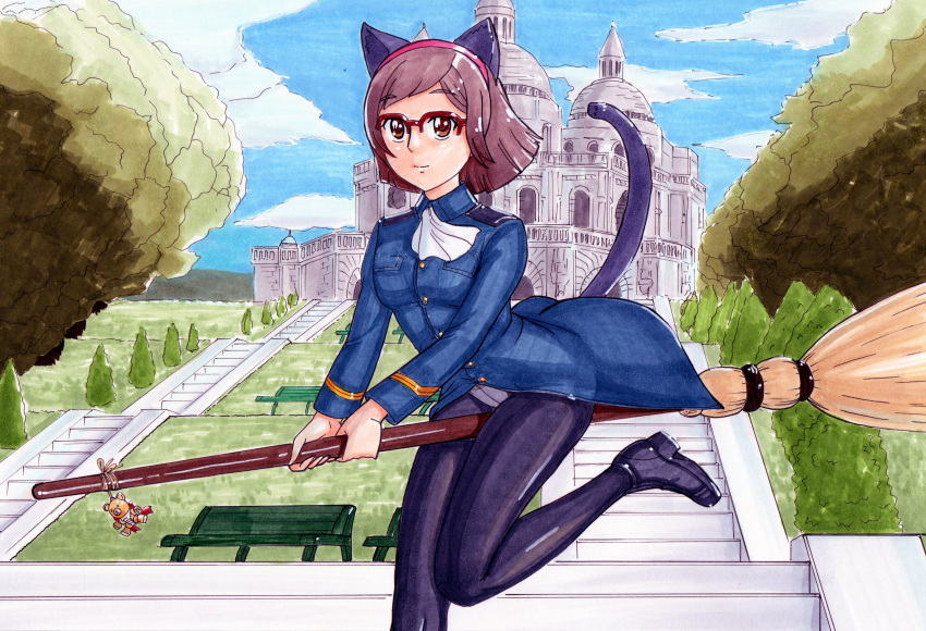 absurdres animal_ears beargguy_iii bench black_legwear broom brown_eyes brown_hair cat_ears cat_tail clouds crotch_seam glasses gundam gundam_build_fighters hairband hayami_jin highres kousaka_china looking_at_viewer military military_uniform panties panties_under_pantyhose pantyhose perrine_h_clostermann_(cosplay) short_hair sky stairs strike_witches tail traditional_media tree underwear uniform