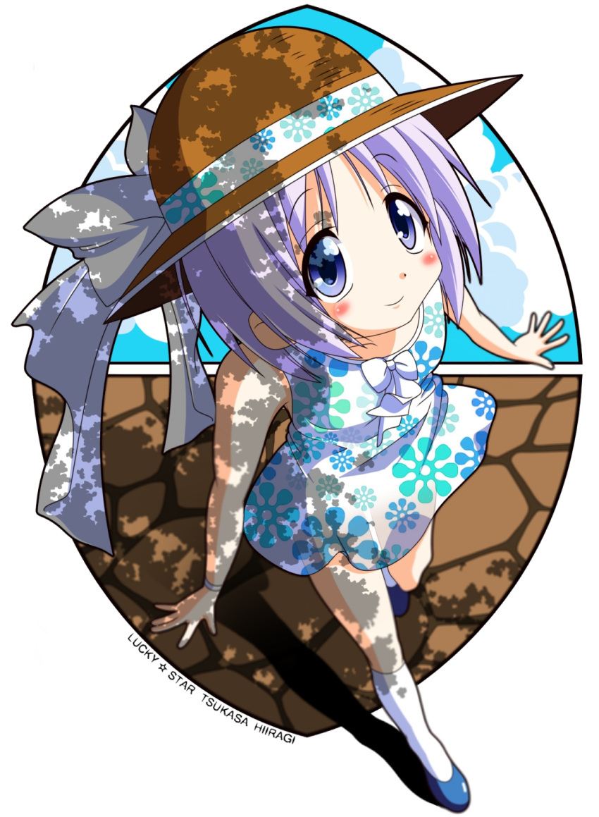 1girl blue_eyes dress hat highres hiiragi_tsukasa looking_up lucky_star purple_hair rindou_(awoshakushi) shadow short_hair