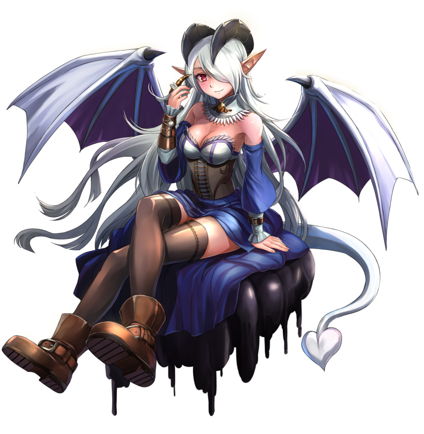 1girl boots breasts cleavage demon_girl demon_tail demon_wings hair_over_one_eye highres horns lilim_(monster_girl_encyclopedia) long_hair maritan_(artist) monster_girl_encyclopedia original pointy_ears red_eyes solo succubus tail thighhighs white_hair wings