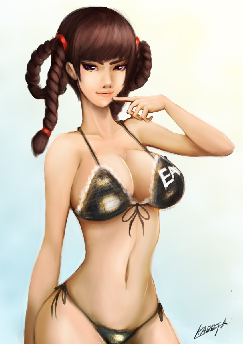 1girl absurdres bikini braid breasts brown_hair cleavage dead_or_alive finger_to_face highres kadej large_breasts lei_fang long_hair navel signature solo swimsuit twin_braids violet_eyes