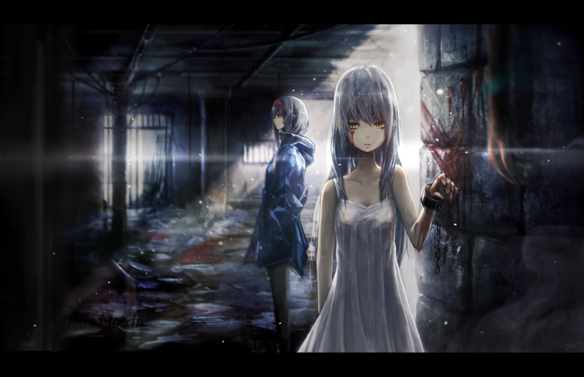 2girls blood chain cuffs dress grey_hair long_hair multiple_girls original short_hair skirt toi_(number8) white_dress