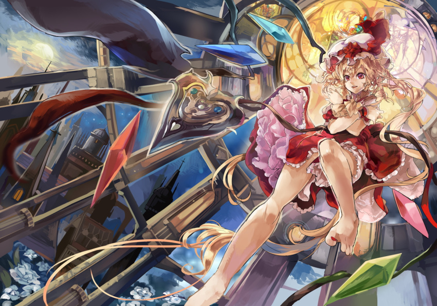 1girl absurdly_long_hair ascot bare_legs barefoot blonde_hair clouds crossed_arms dress flandre_scarlet full_moon hat hat_ribbon himuro_(dobu_no_hotori) laevatein long_hair mob_cap moon night open_mouth perspective puffy_sleeves red_dress red_eyes red_nails ribbon scarlet_devil_mansion short_sleeves side_ponytail solo touhou upskirt very_long_hair wings wrist_cuffs
