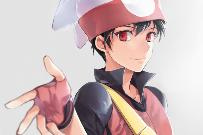1boy black_hair blurry bust depth_of_field face fingerless_gloves gloves light_smile looking_at_viewer male obo pokemon pokemon_special red_eyes ruby_(pokemon) short_hair simple_background solo