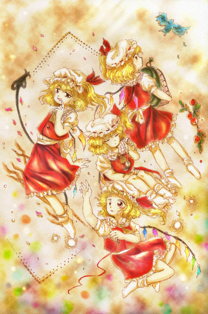 4girls ascot bird blonde_hair closed_eyes flandre_scarlet four_of_a_kind_(touhou) hat hat_ribbon highres laevatein looking_at_viewer mdnk mob_cap multiple_girls oota_jun'ya_(style) open_mouth petals pocket_watch puffy_sleeves reaching_out red_eyes ribbon shirt short_sleeves side_ponytail skirt skirt_set smile touhou vest watch wings