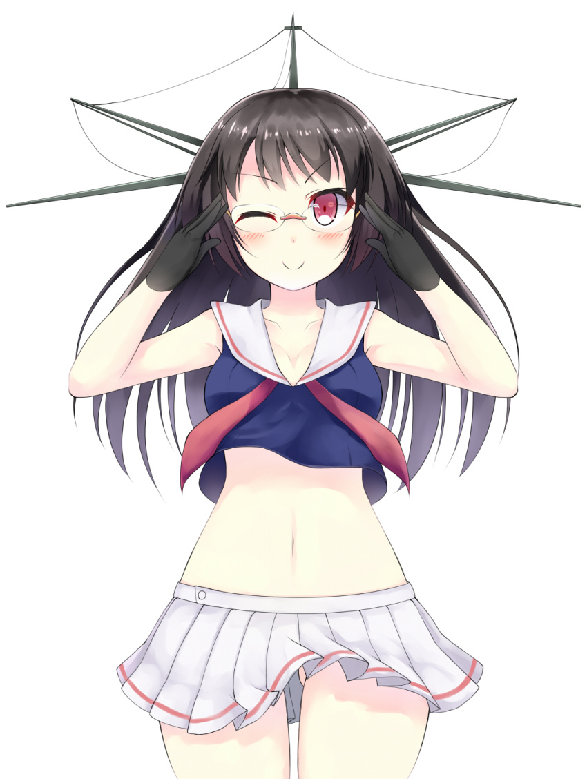 &gt;_o 1girl black_gloves black_hair choukai_(kantai_collection) glasses gloves highres kantai_collection kuronekosan long_hair one_eye_closed personification pleated_skirt red_eyes rimless_glasses simple_background skirt smile solo wink