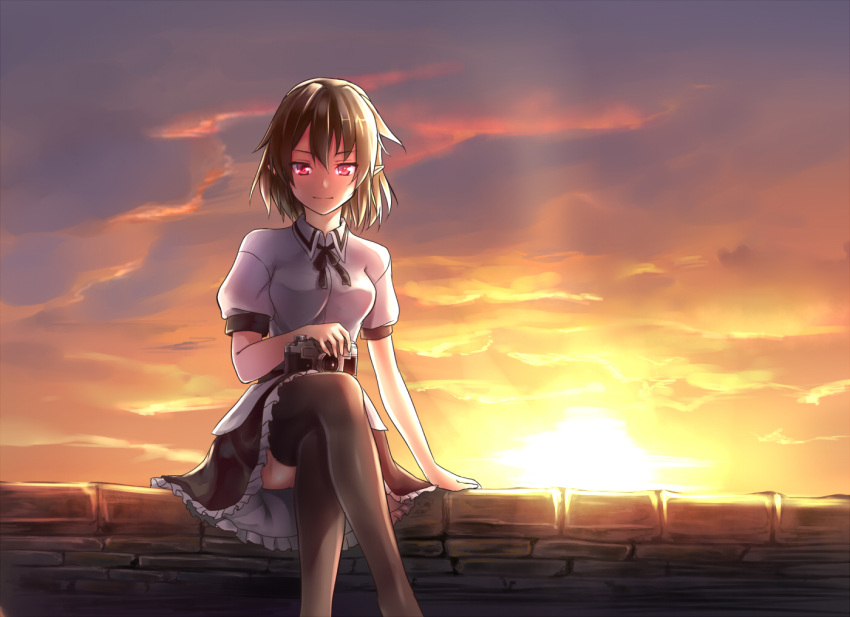 1girl black_legwear brown_hair camera chaigidhiell commentary_request crossed_legs light_smile looking_at_viewer no_hat pointy_ears red_eyes shameimaru_aya shirt short_hair short_sleeves sitting stone_wall sunset thigh-highs touhou twilight wall white_shirt