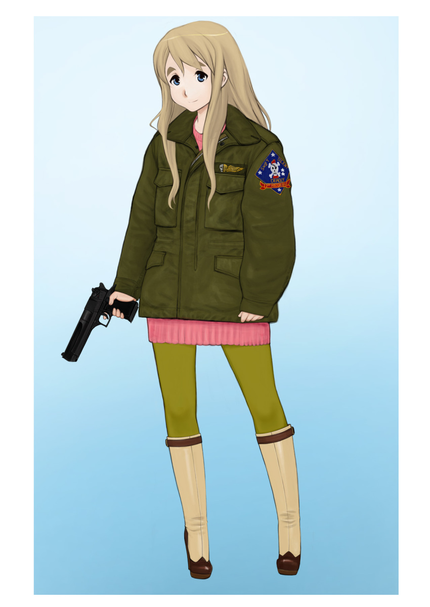 boots desert_eagle gun handgun highres jacket k-on! komii kotobuki_tsumugi leggings military smile sweater_dress weapon