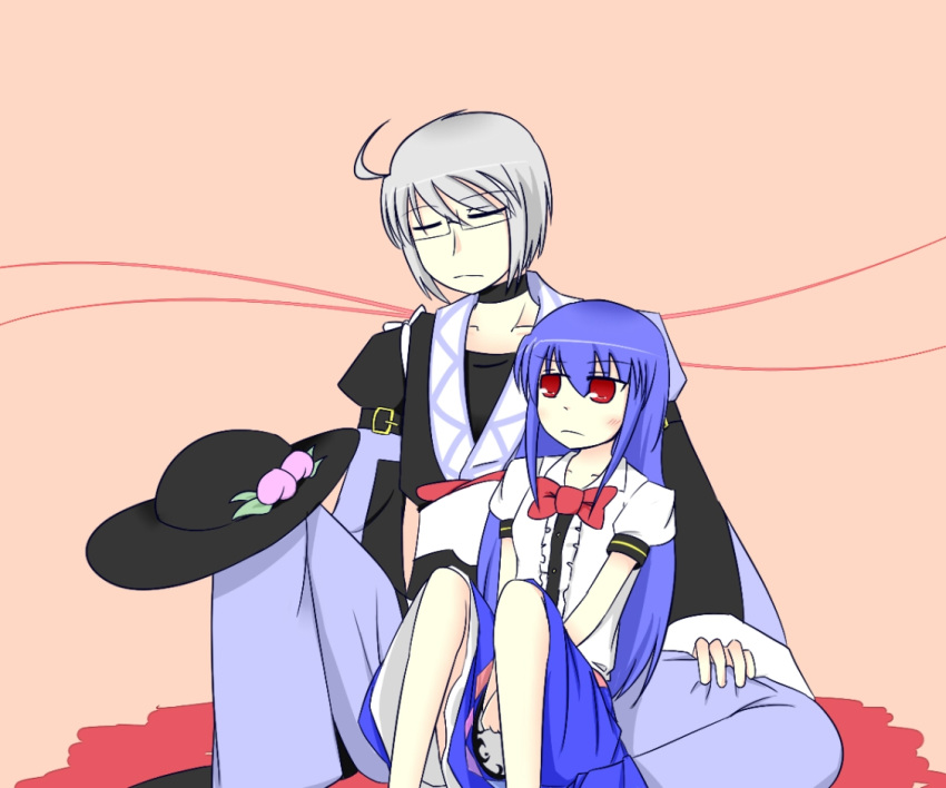 1boy 1girl ahoge blue_hair blush closed_eyes couple dress frown glasses hat hat_removed headwear_removed height_difference hetero hinanawi_tenshi kita_(higan) long_hair morichika_rinnosuke pink_background red_eyes short_hair short_sleeves silver_hair sitting sitting_on_lap sitting_on_person touhou