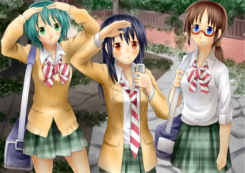 3girls bag black_hair blazer blue_eyes bowtie brown_eyes brown_hair cardigan cellphone coppelion fukasaku_aoi glasses green_eyes green_hair green_skirt hand_on_forehead highres long_hair multiple_girls naruse_ibara necktie nomura_taeko open_mouth outdoors phone plaid plaid_skirt plant railing red-framed_glasses ruruki school_uniform shirt short_hair shoulder_bag skirt sleeves_rolled_up smile striped striped_bowtie striped_necktie traditional_media white_shirt