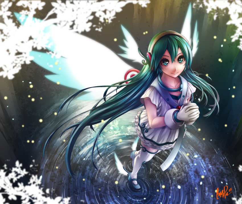 1girl alternate_costume alternate_hairstyle ankle_wings blue_eyes dress gloves green_hair hair_down hairband hands_clasped hatsune_miku head_wings long_hair looking_up mary_janes paolo_antonio_aguasin ripples shoes short_sleeves smile solo standing_on_water thigh-highs very_long_hair vocaloid water white_dress white_gloves white_legwear wings zettai_ryouiki