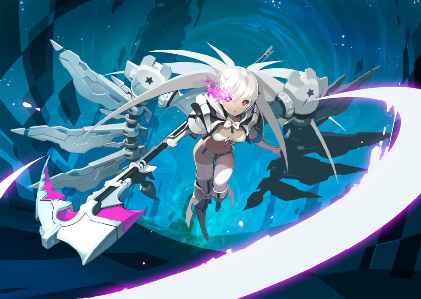 1girl :o akito1179 bikini_top black_rock_shooter boots fighting_stance glowing glowing_eyes holding_weapon jacket long_hair long_sleeves mechanical_wings midriff navel open_mouth red_eyes scythe shorts solo thigh-highs twintails white_hair white_legwear white_rock_shooter wings