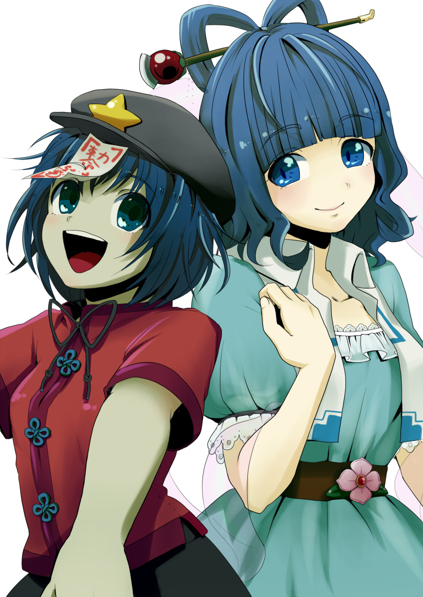 2girls belt blue_eyes blue_hair dress flower hair_ornament hair_rings hair_stick hat highres jiangshi kaku_seiga looking_at_another miyako_yoshika multiple_girls ofuda open_mouth outstretched_arms shawl short_hair simple_background skirt smile star touhou vest white_background witoi_(roa) zombie_pose