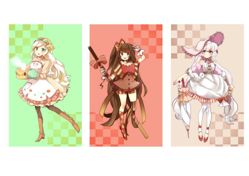 3girls :3 absurdres boots brown_hair character_request copyright_request dress green_eyes grey_hair hair_ornament hair_ribbon half_updo happy hat hayashi_(kanzume) headdress highres long_hair looking_at_viewer multiple_girls ponytail ribbon side_ponytail silver_hair smile tagme very_long_hair white_background
