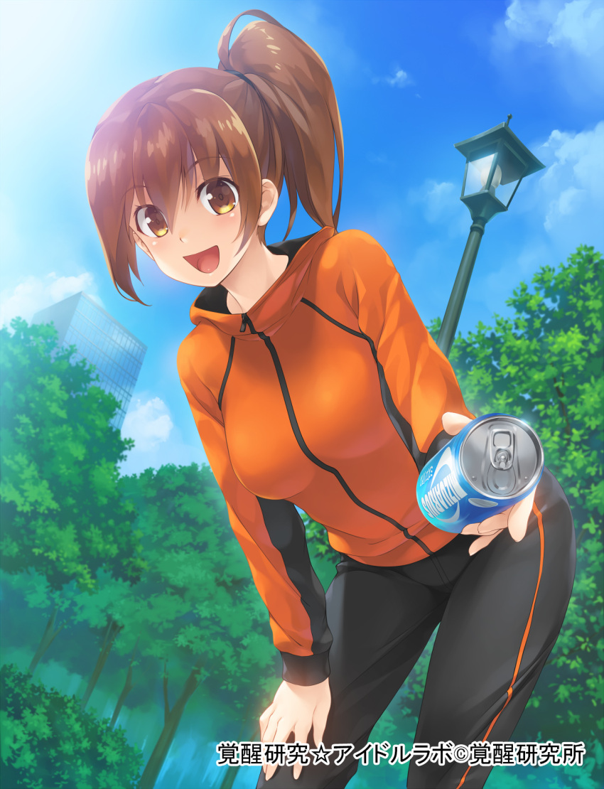 1girl brown_eyes brown_hair can copyright_request highres short_hair solo tagme wacchi