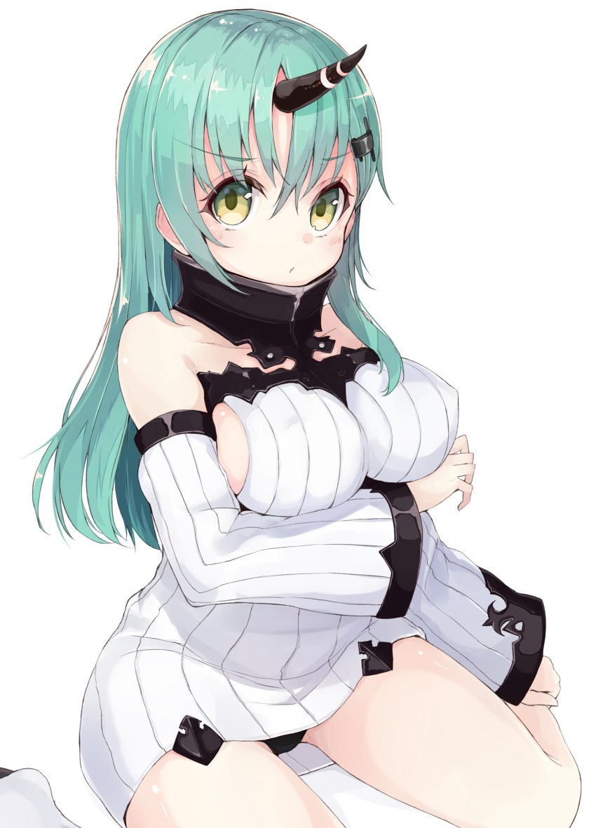 1girl alternate_costume blush breasts cosplay detached_sleeves dress green_eyes green_hair highres horn kantai_collection kou_mashiro large_breasts long_hair long_sleeves personification seaport_hime seaport_hime_(cosplay) solo suzuya_(kantai_collection) white_background white_dress