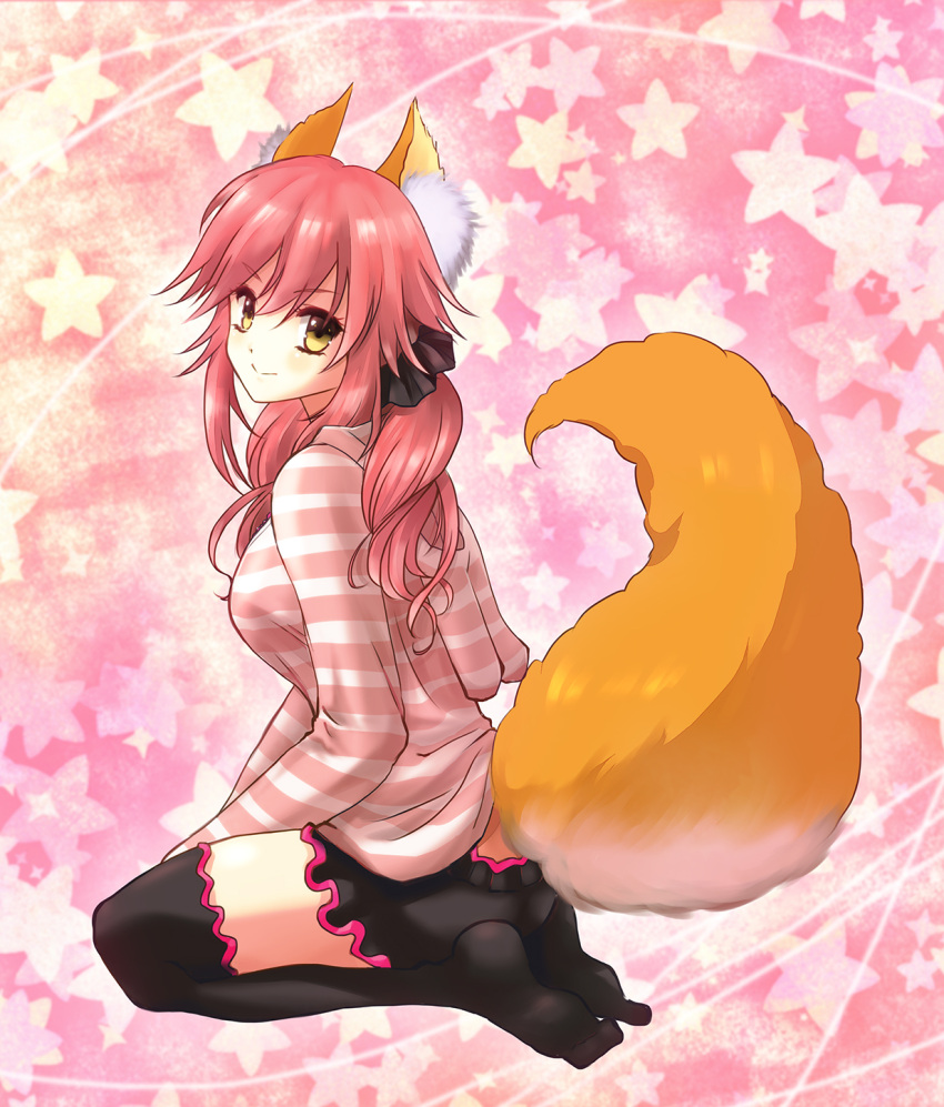 1girl animal_ears blush caster_(fate/extra) fate/extra fate_(series) fox_ears fox_tail hair_ribbon highres kazabuki_sei long_hair looking_at_viewer looking_over_shoulder pink_hair ribbon shirt smile solo striped striped_shirt tail thigh-highs yellow_eyes
