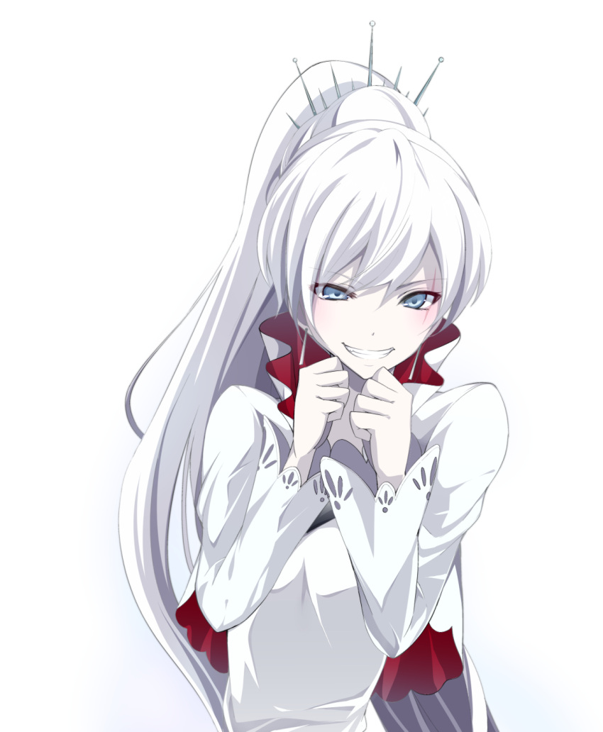 1girl blue_eyes blush dress earrings grin highres jewelry jijii48 long_hair long_sleeves ponytail rwby scar smile solo weiss_schnee white_background white_dress white_hair