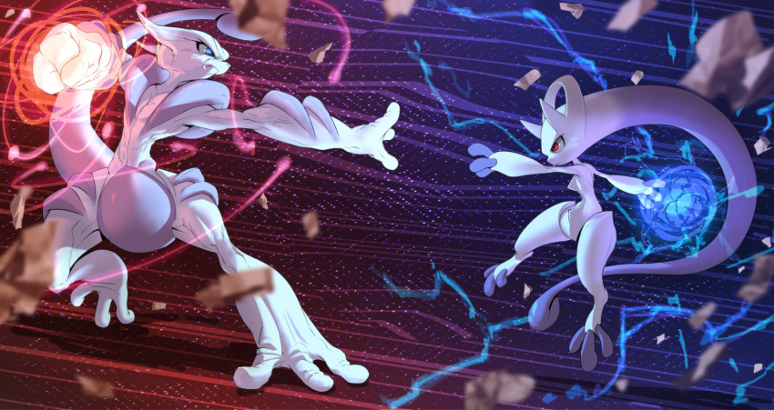 blue_eyes clenched_hand debris dutch_angle energy energy_orb fighting_stance full_body hinokore looking_at_another mega_mewtwo_x mega_mewtwo_y no_humans outstretched_arm outstretched_arms pokemon red_eyes shadow standing