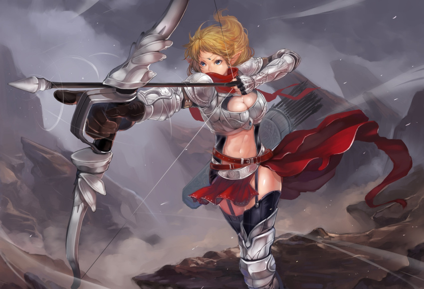 1girl armor arrow blonde_hair blue_eyes bow_(weapon) breasts cleavage cleavage_cutout drawing_bow fingerless_gloves foreshortening garter_straps gloves greaves highres navel original pointy_ears quiver scarf short_hair snowing sola7764 solo thigh-highs weapon
