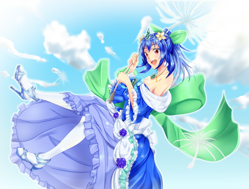 1girl :d blue_dress blue_hair bow dress earrings gem hair_bow high_heels jewelry jumpluff necklace noppoago open_mouth pantyhose personification pokemon pokemon_(game) pokemon_gsc ponytail red_eyes smile solo tiara white_legwear