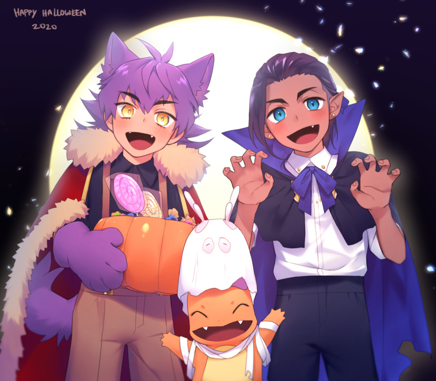 2boys animal_ears bangs black_hair black_shirt blue_eyes blush brown_pants buttons candy cape charmander claw_pose collared_shirt commentary dark_skin dark_skinned_male earrings fang fangs food gen_1_pokemon gen_6_pokemon goomy halloween halloween_bucket hands_up happy_halloween highres jewelry leon_(pokemon) lollipop looking_at_viewer male_focus meltnotmelt multiple_boys open_mouth pants pointy_ears pokemon pokemon_(creature) pokemon_(game) pokemon_swsh purple_hair raihan_(pokemon) shirt suspenders tail tongue yellow_eyes younger