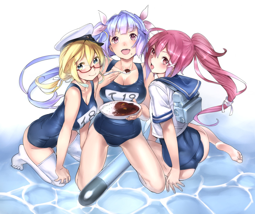 3girls ass barefoot blonde_hair blue_eyes blue_hair blush breasts cleavage curry fang food glasses hanging_breasts highres i-168_(kantai_collection) i-19_(kantai_collection) i-8_(kantai_collection) kneeling large_breasts multiple_girls nishieda open_mouth pink_eyes ponytail red-framed_glasses redhead school_swimsuit school_uniform serafuku smile soles swimsuit thigh-highs