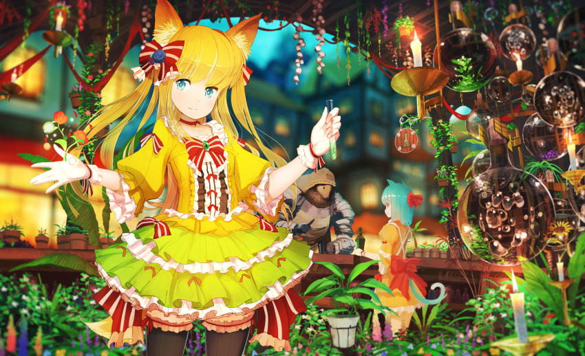 1girl animal_ears armband armor blonde_hair blue_eyes bow candle cat_ears cat_tail fantasy fox_ears fox_tail frilled_skirt frills garters hair_bow highres jumpei99 original plant ribbon scenery skirt tail thigh-highs