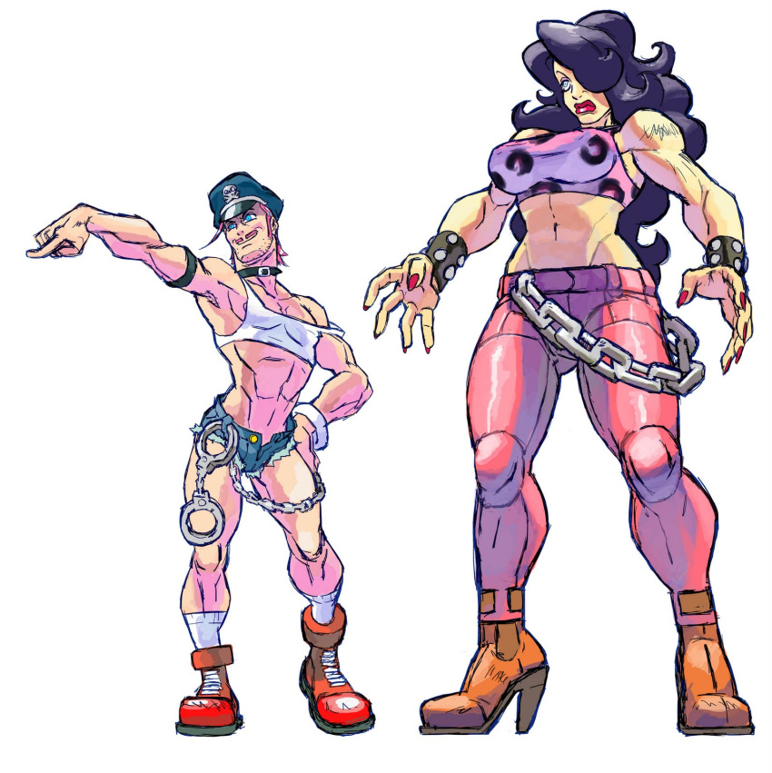 1boy 1girl abs armlet bastien_vives black_hair blue_eyes breasts chain collar combat_boots crop_top cuffs cutoffs denim denim_shorts facial_hair final_fight genderswap hair_over_one_eye hand_on_hip handcuffs height_difference high_heel_boots high_heels highres hugo_andore large_breasts lipstick long_hair makeup muscle mustache nail_polish open_fly poison_(final_fight) shorts skin_tight socks street_fighter street_fighter_iii stubble studded_bracelet unzipped