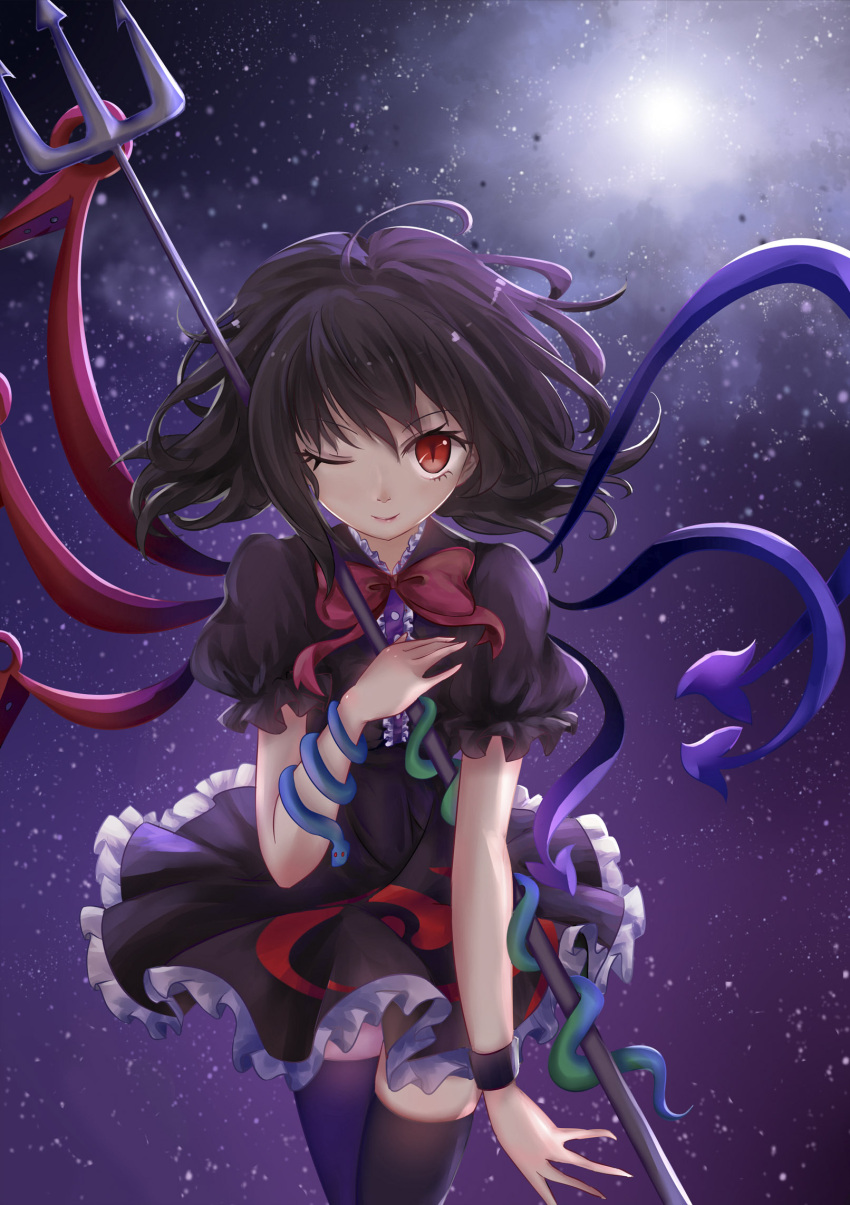 1girl ahoge asymmetrical_wings black_dress black_hair black_legwear bow bracelet clouds dango_(dangowalolicon) dress full_moon hand_on_own_chest highres houjuu_nue jewelry lips looking_at_viewer moon one_eye_closed polearm puffy_short_sleeves puffy_sleeves red_eyes short_hair short_sleeves skindentation sky slit_pupils smile snake solo star_(sky) starry_sky thigh-highs touhou trident weapon wings wink