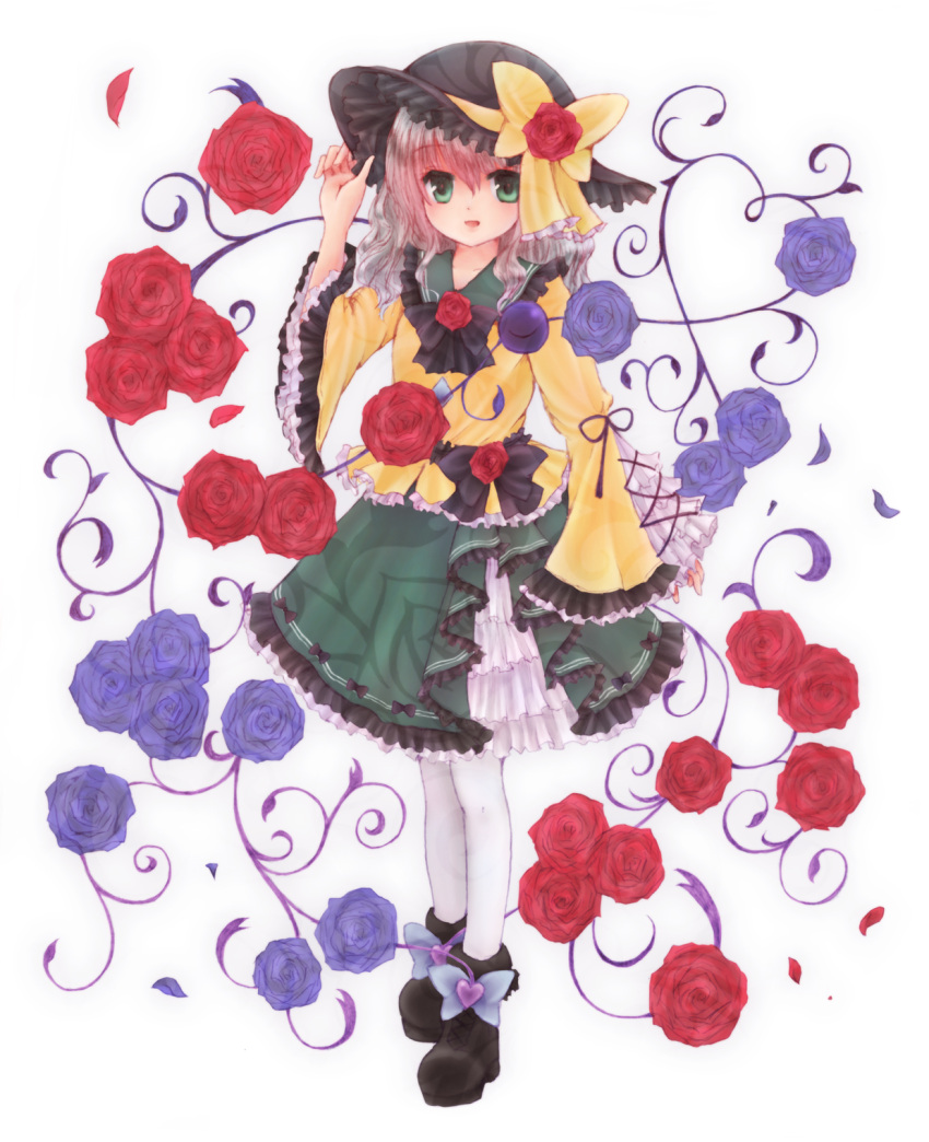 1girl ankle_boots ascot bebitera blouse blue_rose boots floral_background flower frilled frilled_hat frills green_eyes hand_on_headwear hat hat_flower hat_ribbon heart heart_of_string highres komeiji_koishi looking_at_viewer pantyhose parted_lips red_rose ribbon rose short_hair silver_hair skirt sleeves solo third_eye touhou white_background white_legwear