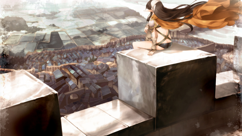 1girl black_hair cityscape game_cg long_hair orion_(orionproject) pointy_ears rance_(series) rance_ix scenery solo