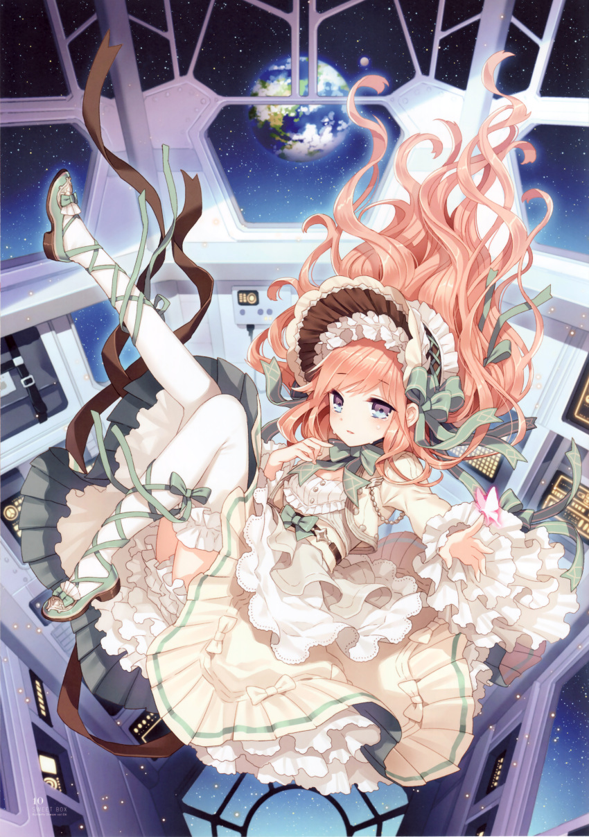 1girl absurdres ankle_lace-up blue_eyes brown_hair computer cross-laced_footwear dress earth floating highres legs lolita_fashion nardack original solo space_craft spacecraft_interior tears thigh-highs wavy_hair white_legwear zero_gravity