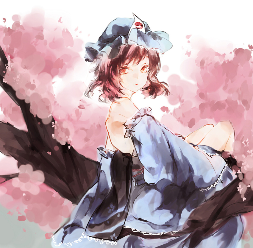 1girl adapted_costume bare_back bare_shoulders branch cherry_blossoms detached_sleeves in_tree mob_cap obi pink_hair red_eyes saigyouji_yuyuko sash short_hair side sitting sitting_in_tree sleeves_past_wrists solo touhou tree triangular_headpiece wide_sleeves
