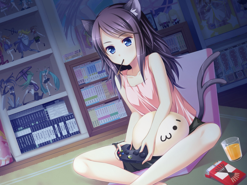 1girl animal_ears bare_legs bare_shoulders blue_eyes cat_ears cat_tail collarbone controller game_cg game_controller highres otomimi_infinity pocky purple_hair shorts sitting solo suzune_mayoi tail