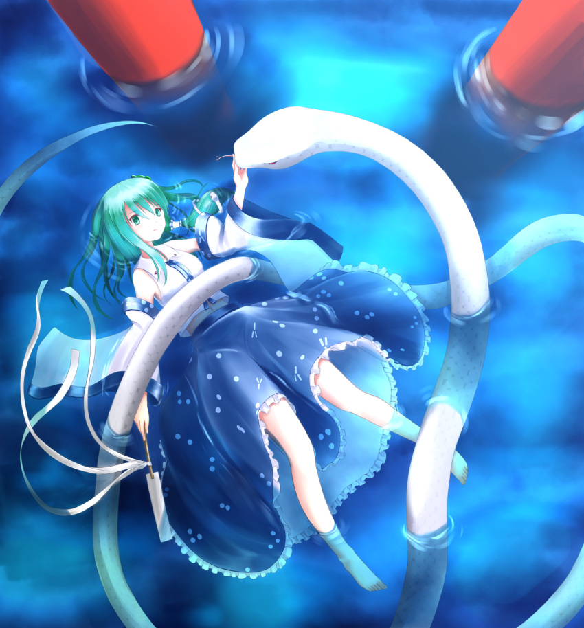 1girl barefoot detached_sleeves floating frog_hair_ornament from_above ginger_(syoga) gohei green_eyes green_hair hair_ornament highres kochiya_sanae long_skirt lying midriff mishaguji navel on_back parted_lips partially_submerged payot pillar ripples skirt skirt_set snake snake_hair_ornament solo touhou