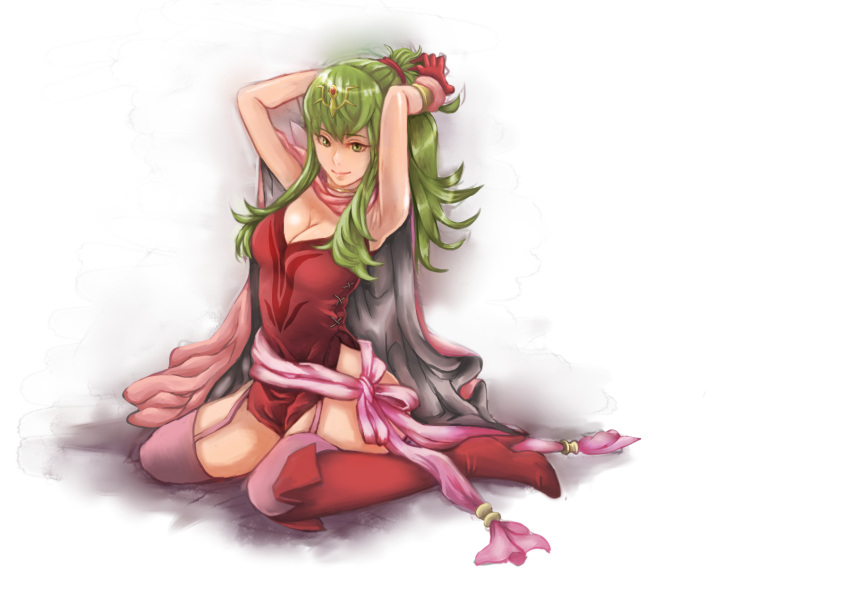 1girl boots breasts cape chiki dress fire_emblem fire_emblem:_kakusei garter_straps gloves green_eyes green_hair hair_ornament hair_ribbon highres jewelry knee_boots long_hair pocari66 pointy_ears ponytail ribbon sitting smile solo thigh-highs wariza